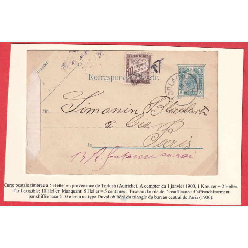 ENTIER AUTRICHE AUSTRIA 5 HELLER TROLACH TAXE 10C BRUN TYPE DUVAL PARIS 1900 1881