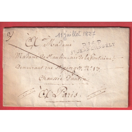 MARQUE P16P ST JEAN D'ANGELY CHARENTE INFERIEURE MARITIME POUR PARIS 1827 INDICE 10