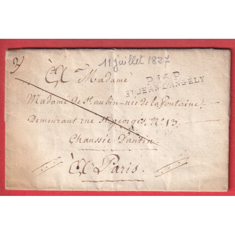 MARQUE P16P ST JEAN D'ANGELY CHARENTE INFERIEURE MARITIME POUR PARIS 1827 INDICE 10