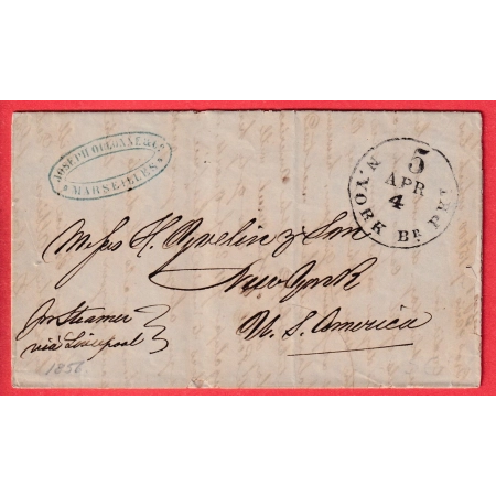 LETTRE DE MARSEILLE 1856 PAR STEAMER VIA LIVERPOOL NEW YORK USA ETATS UNIS AMERIQUE
