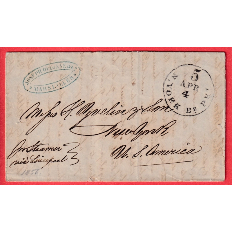 LETTRE DE MARSEILLE 1856 PAR STEAMER VIA LIVERPOOL NEW YORK USA ETATS UNIS AMERIQUE