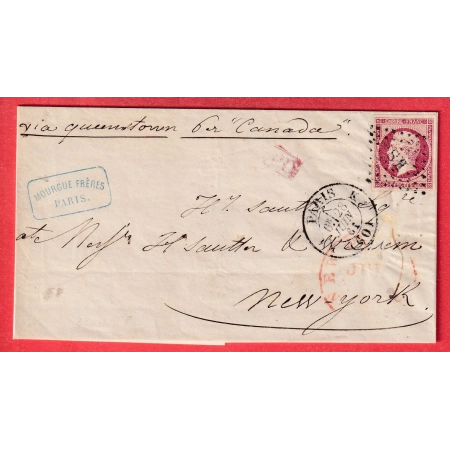 N°17B SUPERBE LOSANGE ROMAIN KS PARIS K1 60 K1 1861 POUR NEW YORK USA VIA QUEENSTOWN PER CANADA