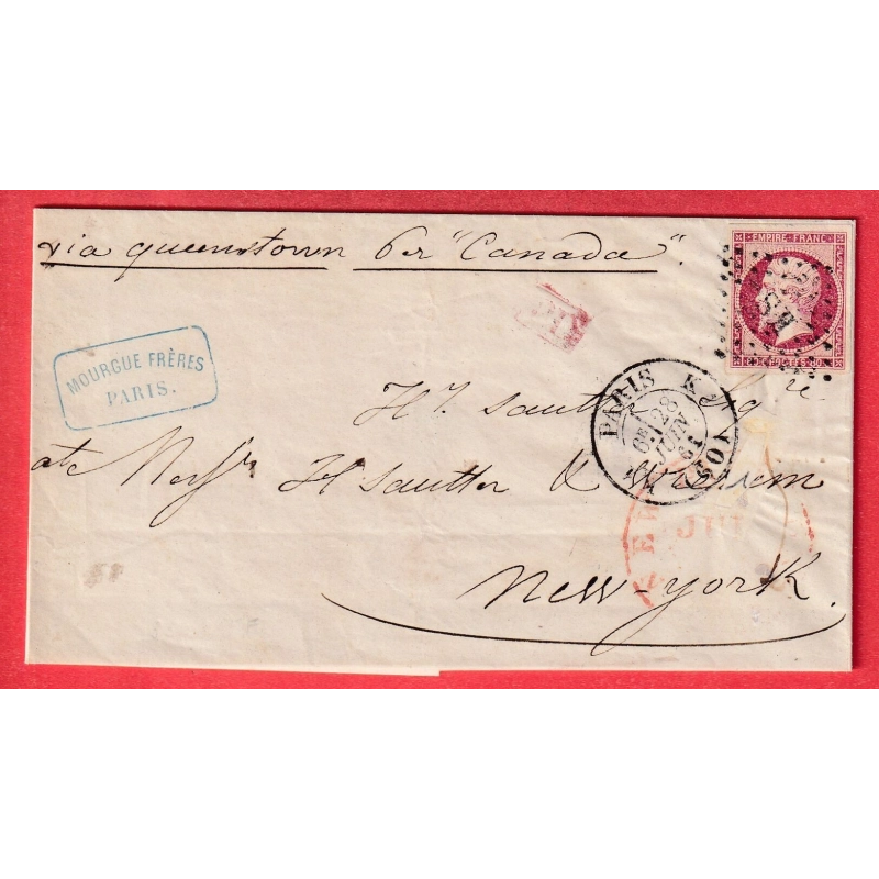 N°17B SUPERBE LOSANGE ROMAIN KS PARIS K1 60 K1 1861 POUR NEW YORK USA VIA QUEENSTOWN PER CANADA