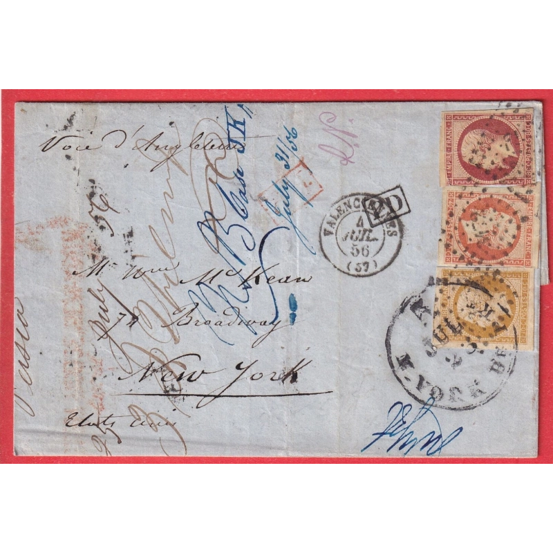 N°13 16 17A VALENCIENNES NORD TRICOLORE NEW YORK USA 1856 ETATS UNIS AMERIQUE 1856
