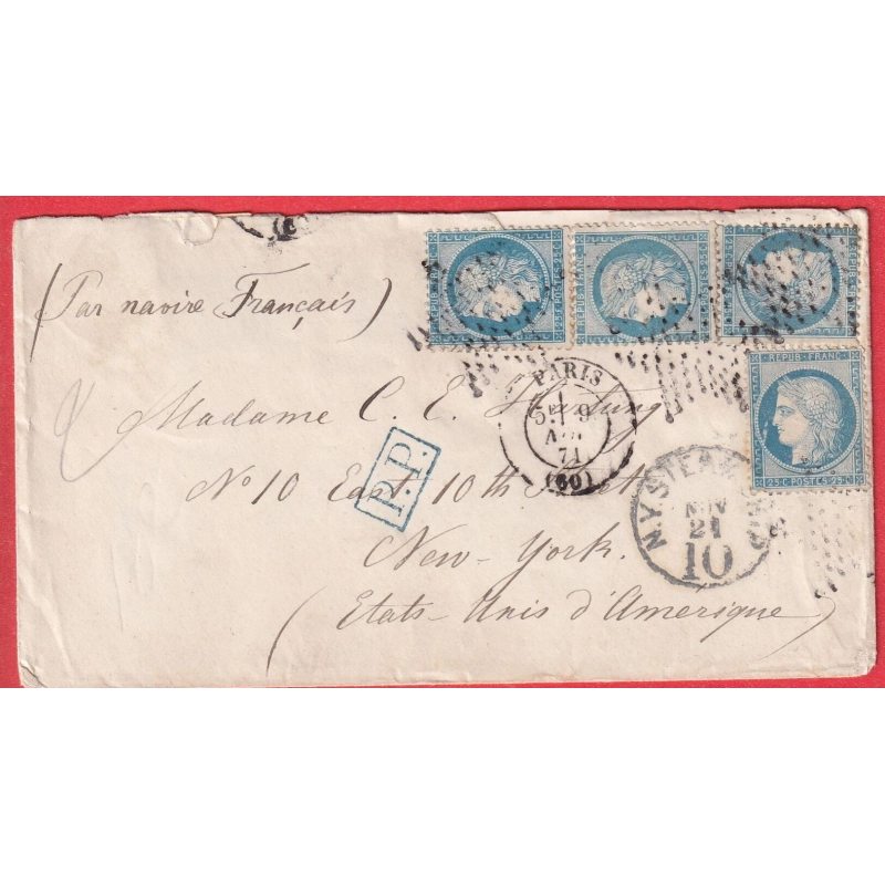 N°60 X4  PARIS ETOILE PLEINE UN TIMBRE VARIETE GRIFFE POUR NEW YORK USA PP EN BLEU