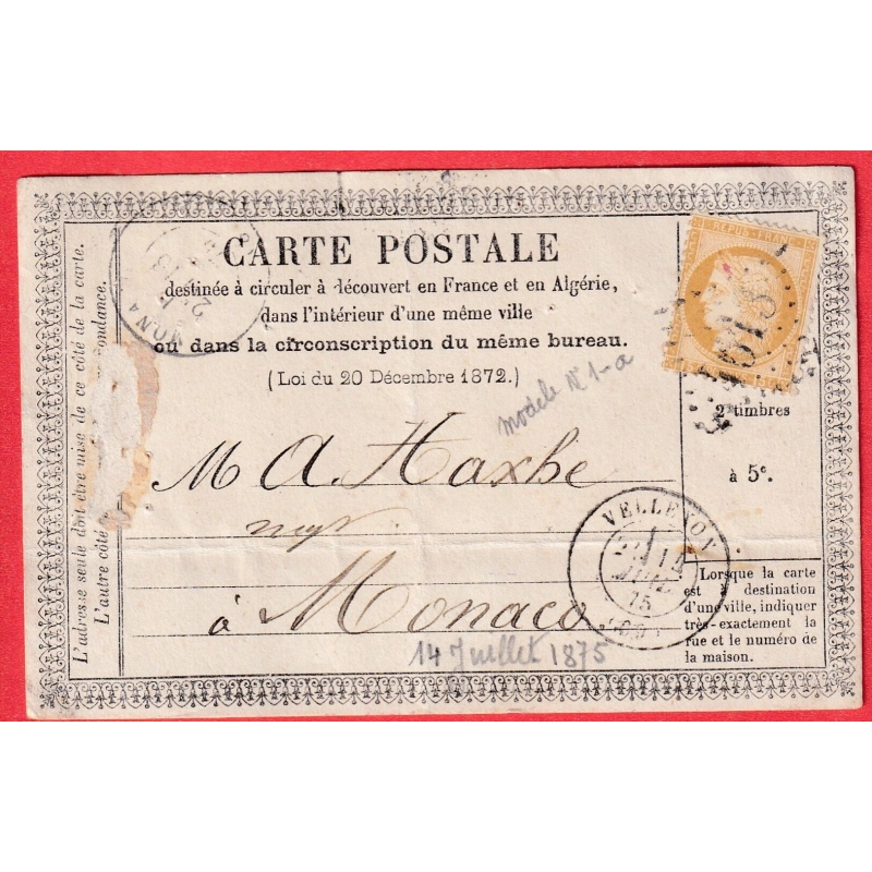 N°55 GC 4613 VELLEXON HAUTE SAONE POUR MONACO CARTE PRECURSEUR N°1