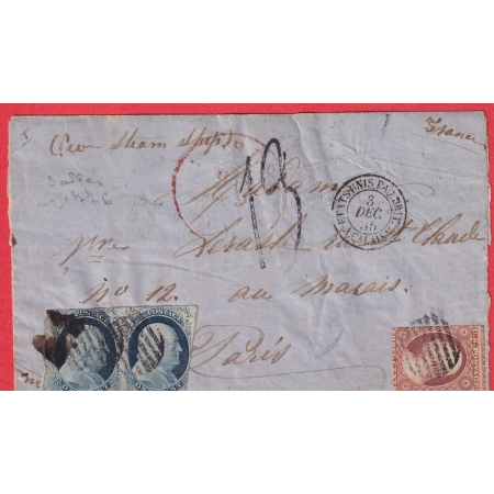 ETATS UNIS N°3 PAIRE + N°4 NEW ORLEANS 1855 ENTREE ETATS UNIS PAQUEBOT PAR CALAIS TAXE TAMPON 13 PARIS DEVANT DE LETTRE