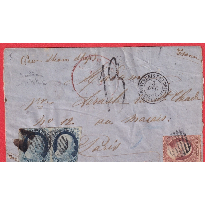 ETATS UNIS N°3 PAIRE + N°4 NEW ORLEANS 1855 ENTREE ETATS UNIS PAQUEBOT PAR CALAIS TAXE TAMPON 13 PARIS DEVANT DE LETTRE