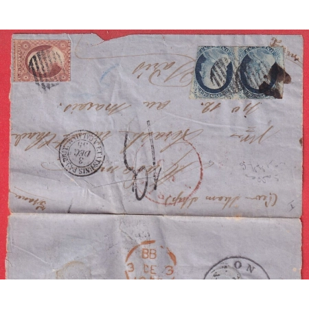 ETATS UNIS N°3 PAIRE + N°4 NEW ORLEANS 1855 ENTREE ETATS UNIS PAQUEBOT PAR CALAIS TAXE TAMPON 13 PARIS DEVANT DE LETTRE