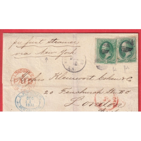 USA N°41 X2 NEW ORLEANS 1871 LONDON LONDRES ANGLETERRE VIA NEW YORK