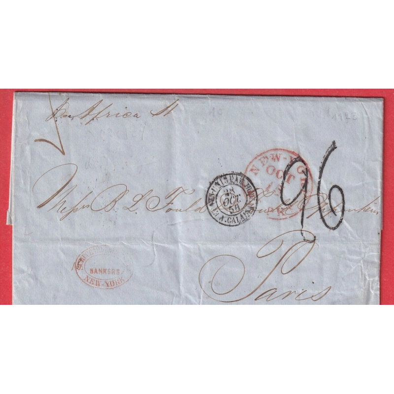 NEW YORK USA 1856 TAXE TAMPON 26 STEAMER AFRICA POUR PARIS