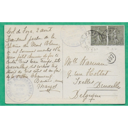 N°130 x2 SEMEUSE CP CHEMIN DE FER DU MONT BLANC GLACIER DE BIONNASSAY LE FAYET HAUTE SAVOIE POUR BRUXELLES BELGIQUE