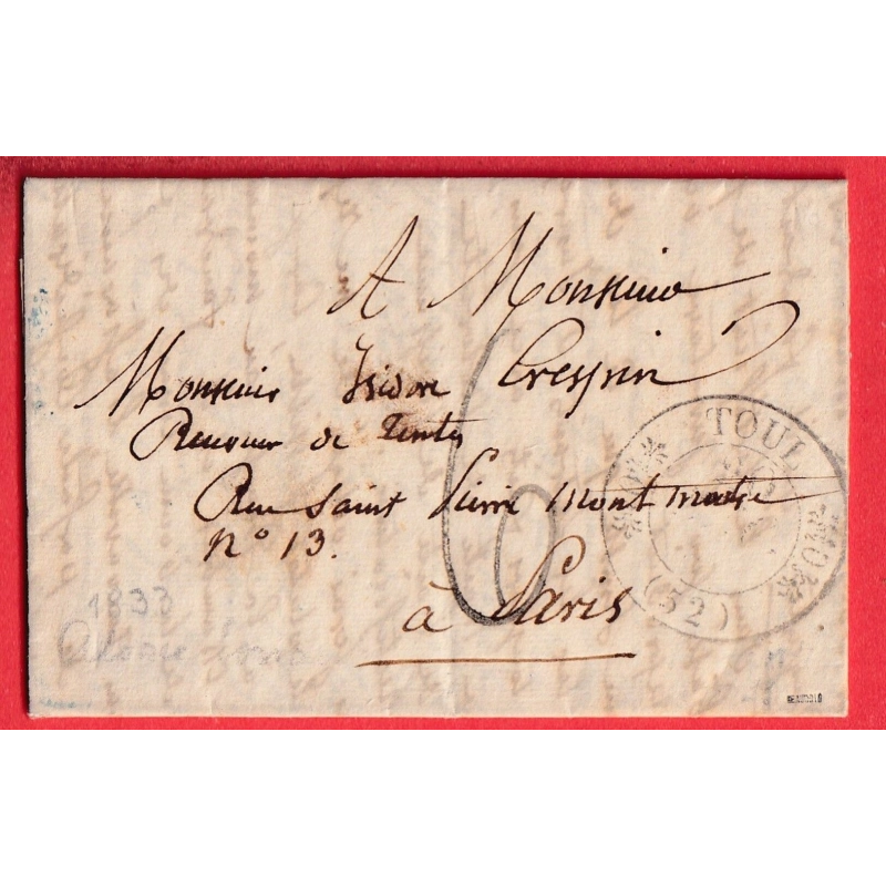 CAD TYPE 11 TOUL MEURTHE ET MOSELLE BELLE TAXE 6 AU TAMPON POUR PARIS 1833