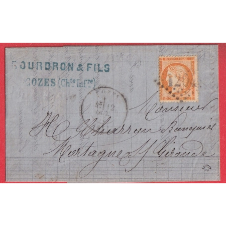 N°38d 4 RETOUCHE GC 1204 COZES CHARENTE INFERIEURE MARITIME SIGNE ROUMET POUR MORTAGNE SUR GIRONDE 1875