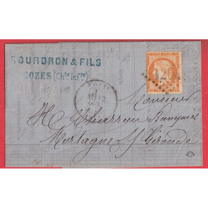 N°38d 4 RETOUCHE GC 1204 COZES CHARENTE INFERIEURE MARITIME SIGNE ROUMET POUR MORTAGNE SUR GIRONDE 1875