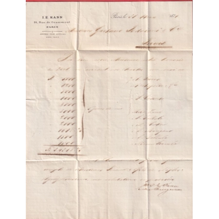 N°56 X2 PARIS ETOILE 1 PLACE DE LA BOURSE POUR TUNIS TUNISIE 1874