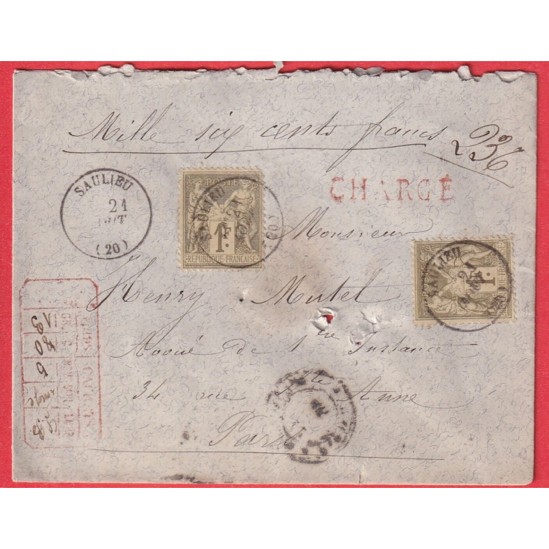 N°82 X2 CAD TYPE 16 SAULIEU COTE D'OR LETTRE CHARGEE POUR PARIS CHARGEMENT SUR LE DEVANT DE LA LETTRE RARE