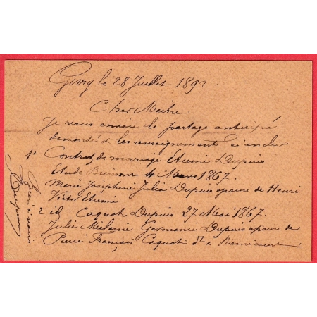 ENTIER SAGE 10C OBLITERATION OR DE GIVRY POUR EPENSE MARNE 1892