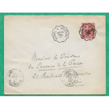 N°129 SEMEUSE CONVOYEUR LIGNE EPINAL A BUSSANG LETTRE CHAMBRE DES DEPUTES POUR PARIS CAD 10 PARIS DISTRIBUTION 1907