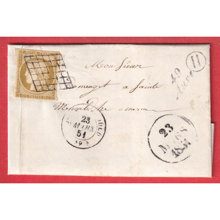 N°1 PC 197 CURSVE 49 AUVE MARNE CACHET TYPE A 1851 BOITE RURALE H TILLOY