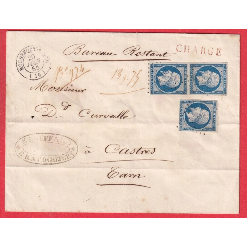 N°14 PAIRE + UN PC 2703 ROCHEFORT SUR MER LETTRE CHARGEE POUR CASTRES TARN