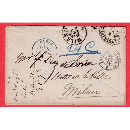 N°55 60 GC 532 BORDEAUX GIRONDE 1874 POUR MILAN ITALIE VIA PARIS ETRANGER EN BLEU AU DOS