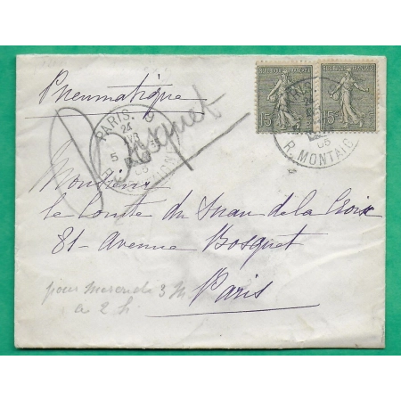 N°130 x2 SEMEUSE PNEUMATIQUE CAD PARIS RUE MONTAIGNE BLEU POUR PARIS AVENUE BOSQUET 1905 LETTRE COVER FRANCE
