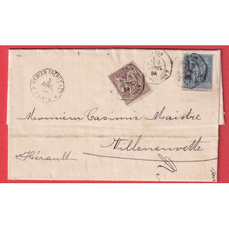 N°67 + 90 PARIS LEVEE EXCEPTIONNELLE RUE TAITBOUT 1E POUR VILLENEUVETTE HERAULT 1884