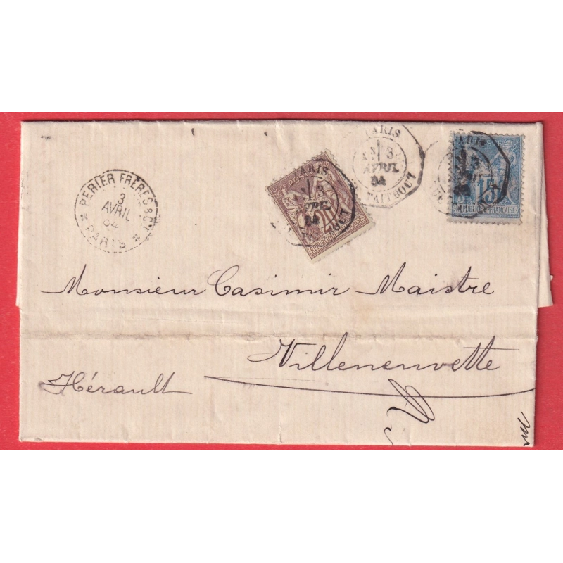 N°67 + 90 PARIS LEVEE EXCEPTIONNELLE RUE TAITBOUT 1E POUR VILLENEUVETTE HERAULT 1884