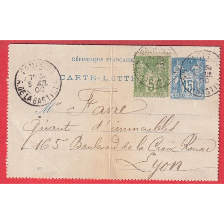 ENTIER SAGE + N°102 PARIS LEVEE EXCEPTIONNELLE PARIS 21 R DE LA BASTILLE POUR LYON BUREAU RARE