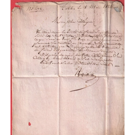 MARQUE P63P TARBES HAUTES PYRENEES EN ROUGE 1822 POUR ARGELES INDICE 11