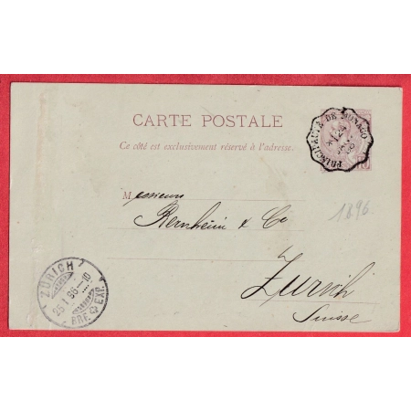 ENTIER MONACO CAD PRINCIPAUTE DE MONACO 1896 POUR ZURICH SUISSE