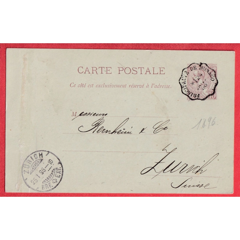 ENTIER MONACO CAD PRINCIPAUTE DE MONACO 1896 POUR ZURICH SUISSE