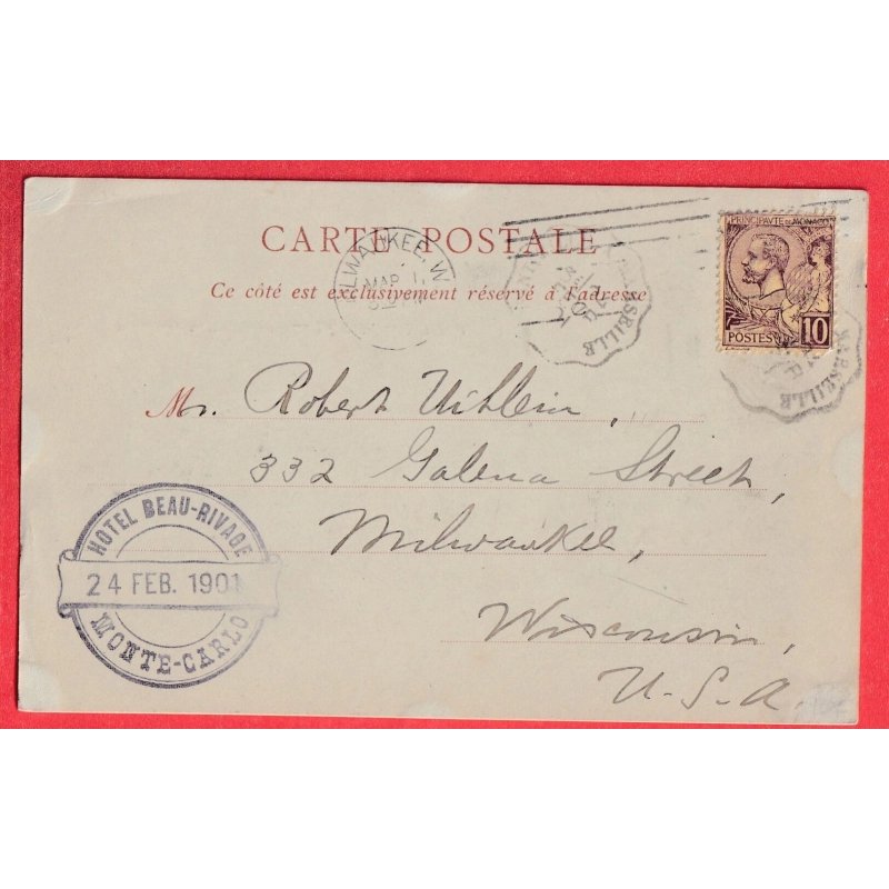 MONACO 10C CONVOYEUR LIGNE FRANCAIS VINTIMILLE A MARSEILLE POUR MILWAUKEE WISCONSIN USA ETAS UNIS 1901