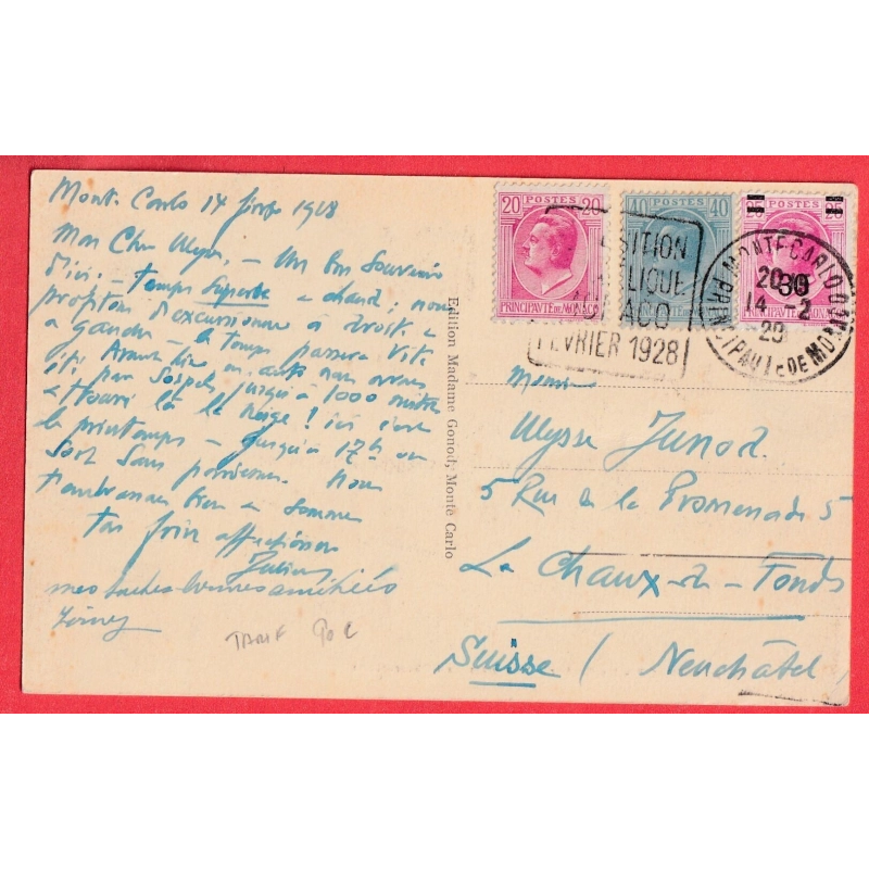 MONACO TARIF A 90C DAGUIN EXPOSITION PHILATELIQUE MONACO FEVRIER 1928 POUR LA CHAUX DE FONDS SUISSE