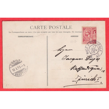 MONACO 10C AMBULANT DE JOUR NICE A MARSEILLE 1905 POUR ZURICH SUISSE