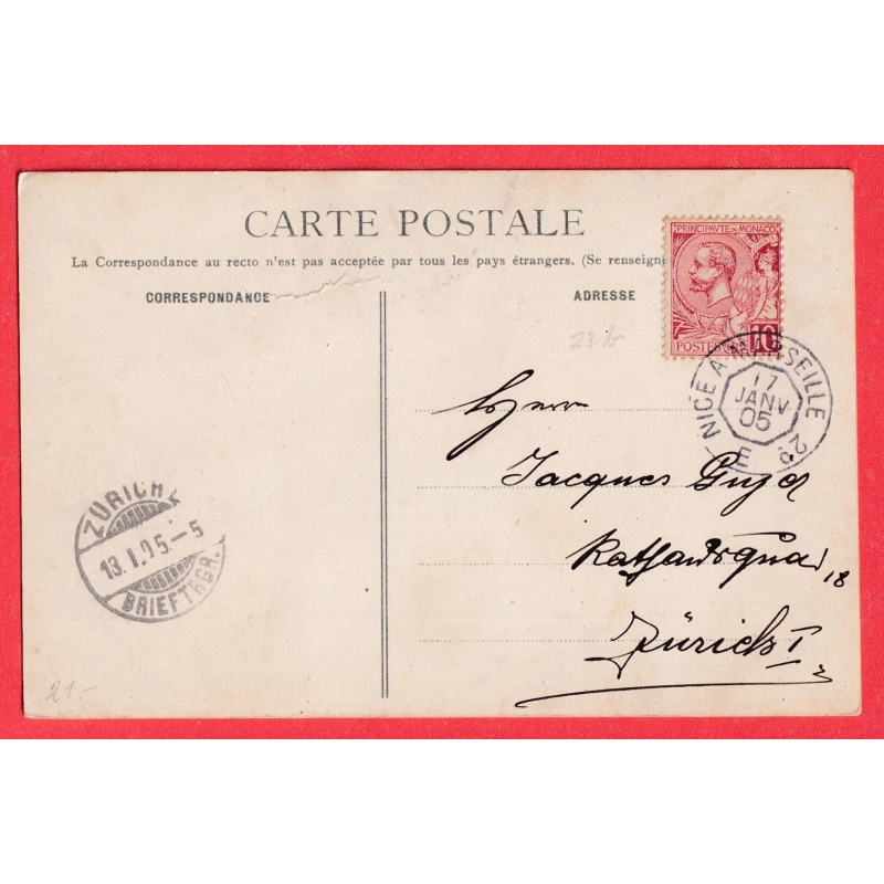 MONACO 10C AMBULANT DE JOUR NICE A MARSEILLE 1905 POUR ZURICH SUISSE