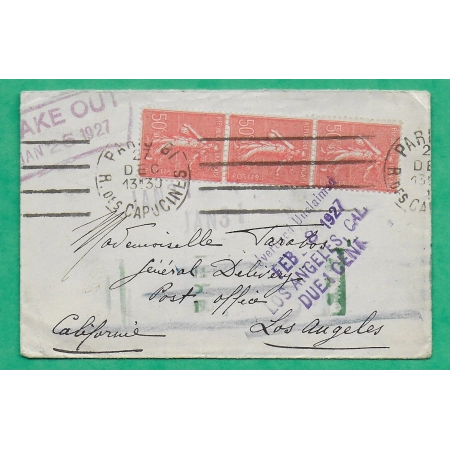 N°199 x3 SEMEUSE LETTRE PARIS RUE DES CAPUCINES POUR LOS ANGELES CALIFORNIE USA UNCLAIMED RETOUR ENVOYEUR RETURN 1927