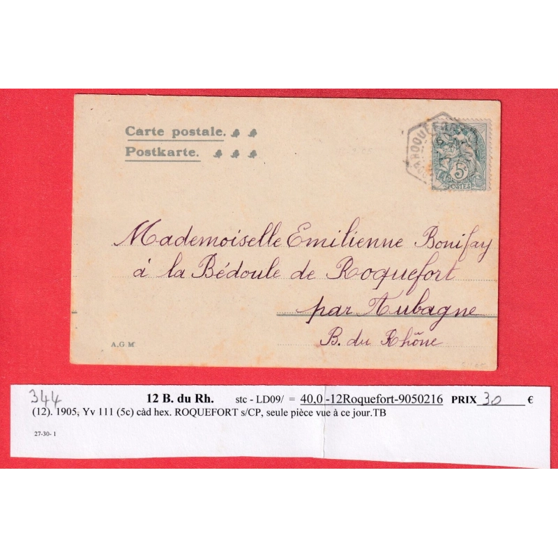 N°111 CAD HEXAGONAL ROQUEFORT BOUCHES DU RHONE RARE POUR AUBAGNE