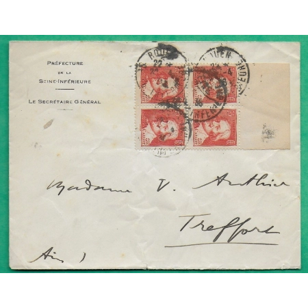N°306 BLOC DE 4 BDF JACQUES CALLOT PREFECTURE DE ROUEN SEINE INFERIEURE POUR TREFFORT AIN 1936 COVER FRANCE