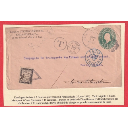 ENTIER USA 2C VERT APALACHICOLA PARIS ETRANGER 1889 TAXE 30C NOIR TYPE DUVAL