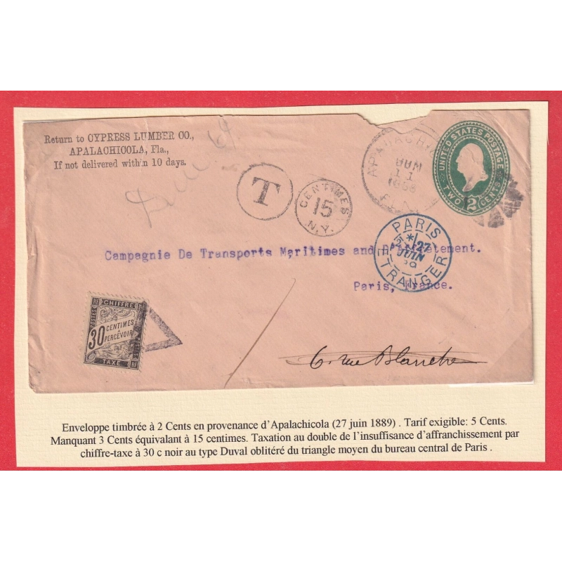 ENTIER USA 2C VERT APALACHICOLA PARIS ETRANGER 1889 TAXE 30C NOIR TYPE DUVAL