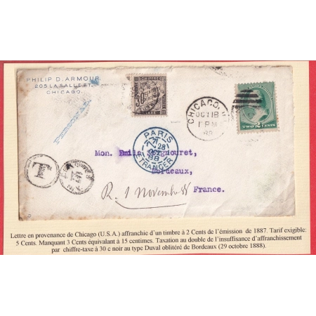 ENTIER USA 2C CHICAGO 1888 TAXE 30C NOIR TYPE DUVAL POUR BORDEAUX PARIS ETRANGER EN BLEU