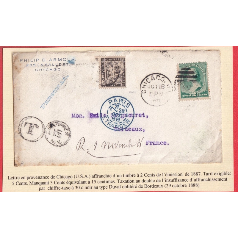 ENTIER USA 2C CHICAGO 1888 TAXE 30C NOIR TYPE DUVAL POUR BORDEAUX PARIS ETRANGER EN BLEU