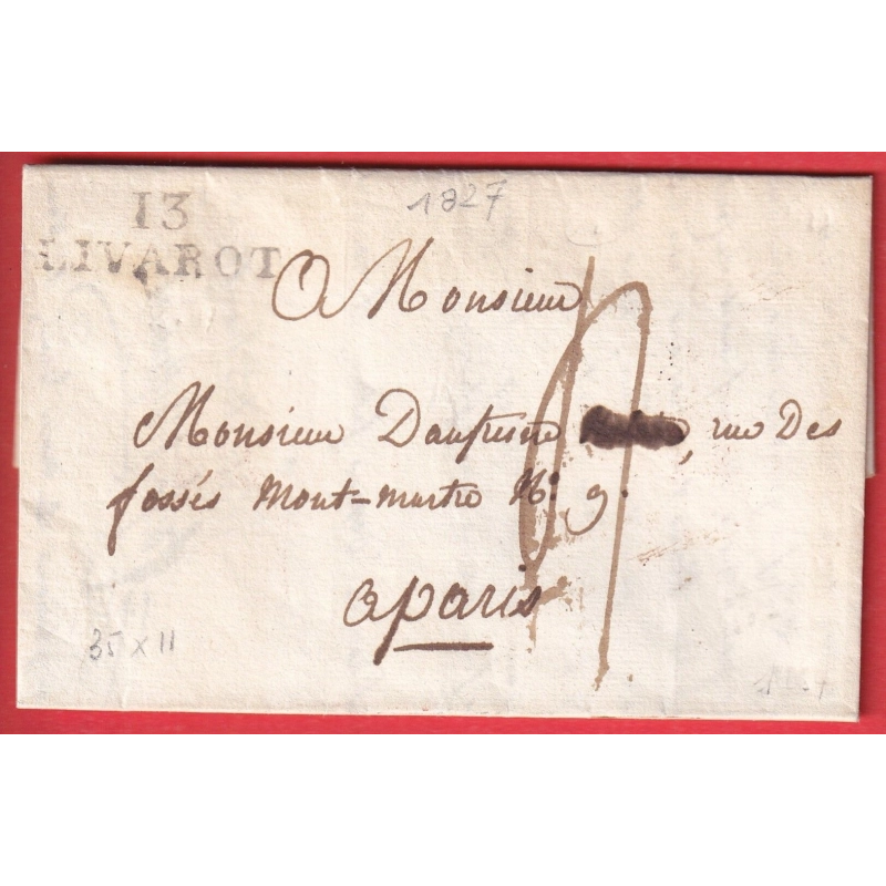 MARQUE 13 LIVAROT CALVADOS 35X11 1827 POUR PARIS INDICE 13