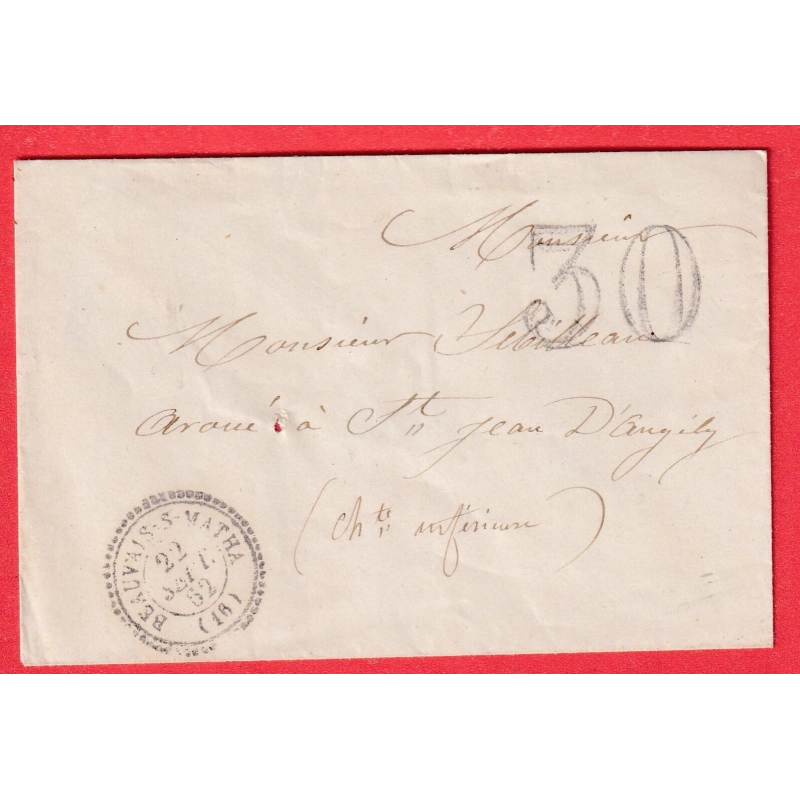 CAD TYPE 12 BEAUVAIS SOUS MATHA TAXE TAMPON 30 CHARENTE INFERIEURE MARITIME  POUR ST JEAN D'ANGELY