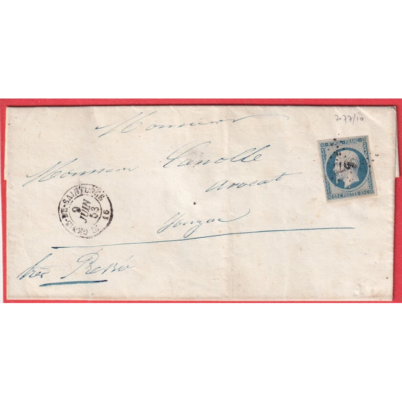N°10 PC 3077 ST GENIES DE SAINTONGE CHARENTE INFERIEURE MARITIME 1853 POUR JONZAC