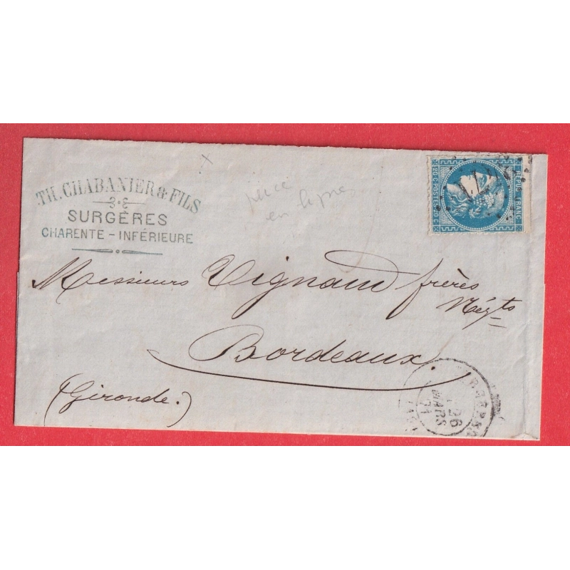 N°46B PERCE EN LIGNE GC 3471 SURGERES CHARENTE INFERIEURE MARITIME POUR BORDEAUX GIRONDE