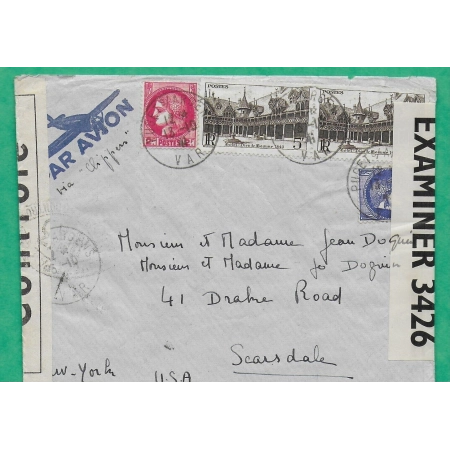 N°373 + 375A + 499 x2 PAR AVION CLIPPERS PUGET SUR ARGENS VAR POUR SCARSDALE USA CENSURE FRANCAISE + AMERICAINE 1941 WW2