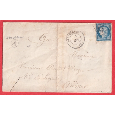 N°60 GC 2719 OLLIERGUES PUY DE DOME BOITE RURALE A LE BRUGERON POUR NIMES GARD 1872
